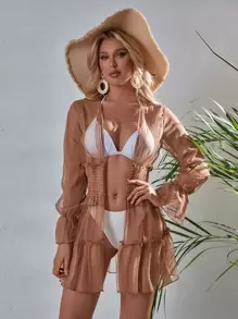 SHEIN Swim Summer Beach Shirred Button Front Kimono - Mocha Brown - View 3