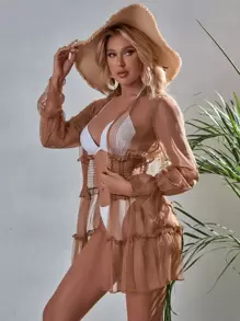 SHEIN Swim Summer Beach Shirred Button Front Kimono - Mocha Brown - View 4