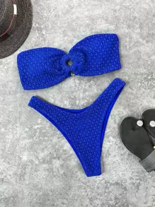 Swim Vcay 夏季海滩纹理比基尼套装环链抹胸文胸和高腰下装 2 件套比基尼 - 寶藍色 - 查看 4