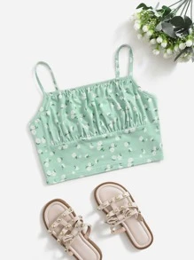 SHEIN Tween Girl Ditsy Floral Ruched Bust Crop Cami Top - Mint Green - View 1