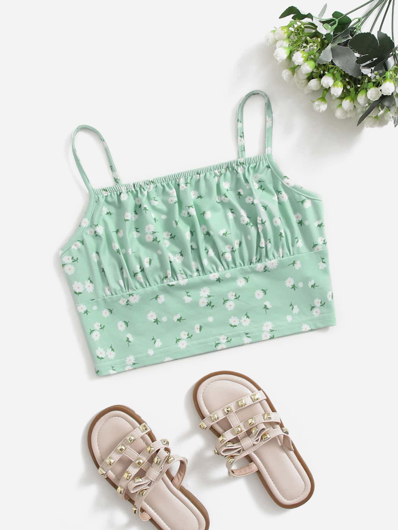 SHEIN Tween Girl Ditsy Floral Ruched Bust Crop Cami Top - Mint Green - View 1