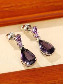 Cubic Zirconia Water Drop Earrings - Purple - View 1