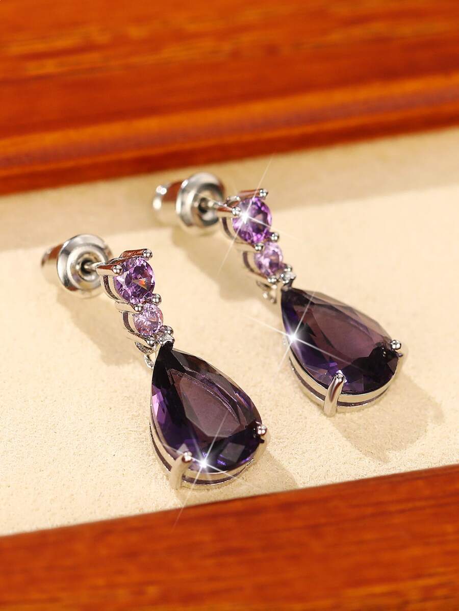 Cubic Zirconia Water Drop Earrings - Purple - View 1