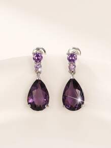 Cubic Zirconia Water Drop Earrings - Purple - View 2