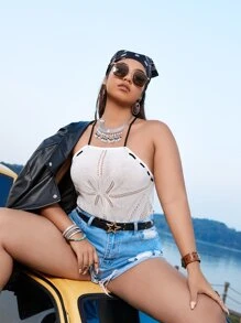 SHEIN Plus Crisscross Back Pointelle Knit Top - White - View 3