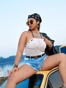 SHEIN Plus Crisscross Back Pointelle Knit Top - White - View 4