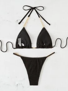 SHEIN Swim Summer Beach Chain Linked Micro Triangle Thong Bikini Set - Black - View 2