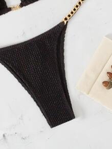 SHEIN Swim Summer Beach Chain Linked Micro Triangle Thong Bikini Set - Black - View 3