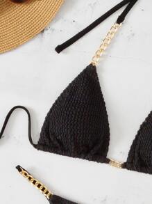 SHEIN Swim Summer Beach Chain Linked Micro Triangle Thong Bikini Set - Black - View 4