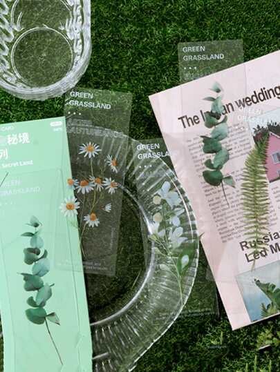 5入組/包昨天的花PET半透明創意計畫書籤，印有植物和花卉圖案＃單包裝運輸