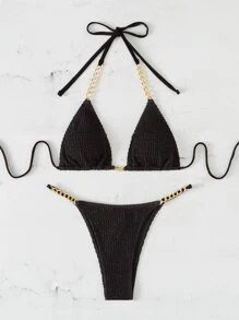 SHEIN Swim Summer Beach Chain Linked Micro Triangle Thong Bikini Set - Black - View 5