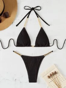 SHEIN Swim Summer Beach Chain Linked Micro Triangle Thong Bikini Set - Black - View 6