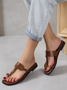 1 Pair Women Brown Thong Flat Slides Sandals For Outdoor Wear,Flip Flops,Spring Summer Outfits - Brown - View 1