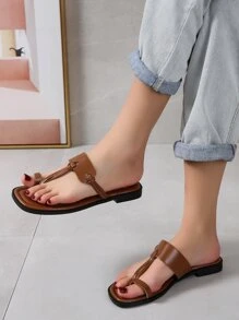 1 Pair Women Brown Thong Flat Slides Sandals For Outdoor Wear,Flip Flops,Spring Summer Outfits - Brown - View 3