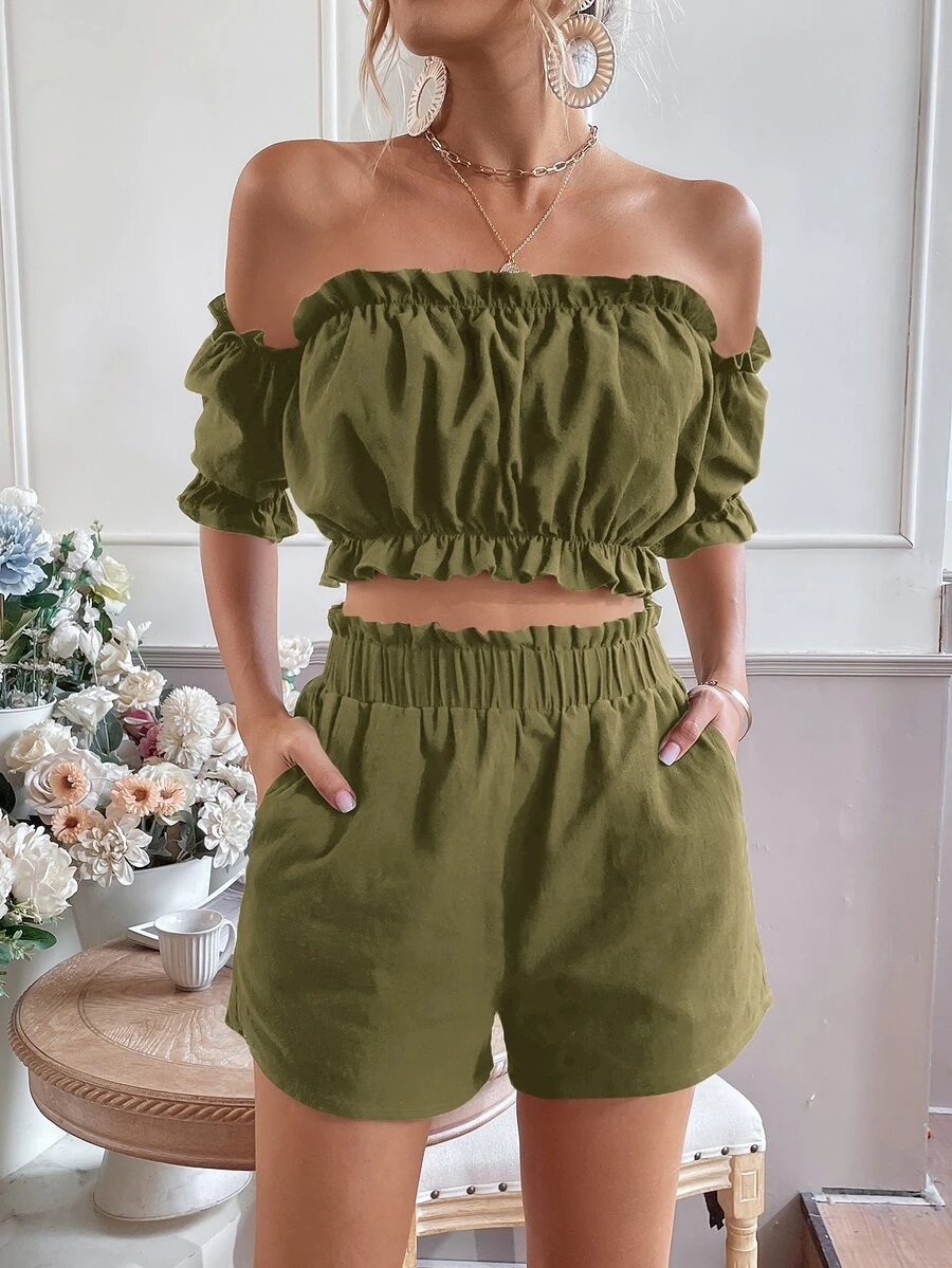 SHEIN VCAY Off Shoulder Frill Trim Top & Shorts - Army Green - View 1