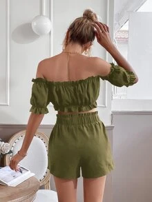SHEIN VCAY Off Shoulder Frill Trim Top & Shorts - Army Green - View 2