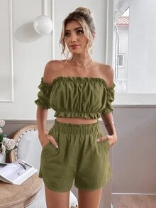 SHEIN VCAY Off Shoulder Frill Trim Top & Shorts - Army Green - View 3