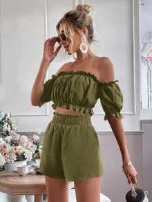 SHEIN VCAY Off Shoulder Frill Trim Top & Shorts - Army Green - View 4