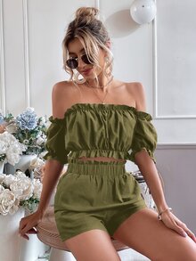 SHEIN VCAY Off Shoulder Frill Trim Top & Shorts - Army Green - View 6