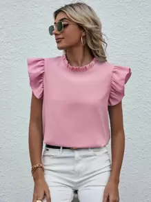 Chiquease Mock Neck Frill Trim Ruffle Blouse - Pink - View 4