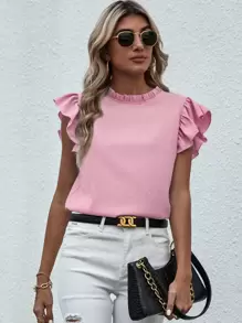 Chiquease Mock Neck Frill Trim Ruffle Blouse - Pink - View 6