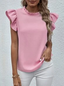 Chiquease Mock Neck Frill Trim Ruffle Blouse - Pink - View 7