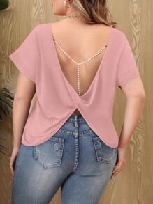 SHEIN Franclia 大碼珍珠扭結露背T恤 - 藕粉色 - 查看 1