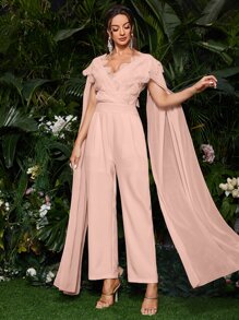 Modelyn 斗篷袖提花蕾絲貝殼邊連身褲 - 淺粉色 - 查看 1