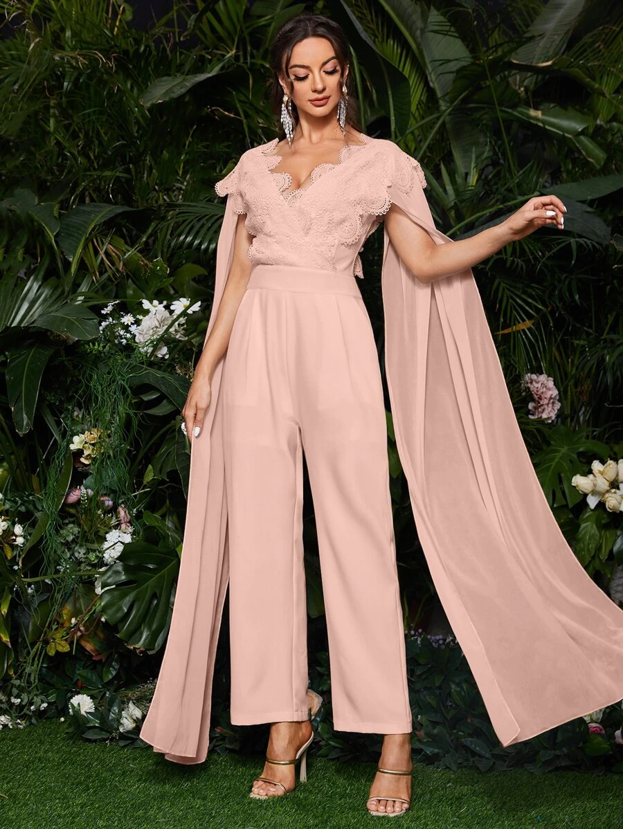 Modelyn 斗篷袖提花蕾絲貝殼邊連身褲 - 淺粉色 - 查看 1