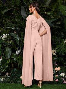 Modelyn 斗篷袖提花蕾絲貝殼邊連身褲 - 淺粉色 - 查看 2