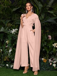 Modelyn 斗篷袖提花蕾絲貝殼邊連身褲 - 淺粉色 - 查看 6