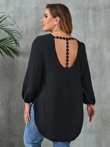 SHEIN LUNE Plus Contrast Lace Cut Out Back High Low Hem Blouse - Black - View 1