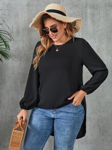 SHEIN LUNE Plus Contrast Lace Cut Out Back High Low Hem Blouse - Black - View 4