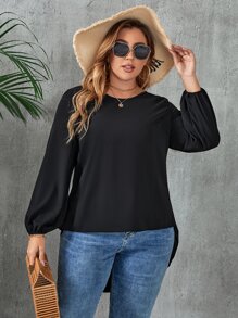 SHEIN LUNE Plus Contrast Lace Cut Out Back High Low Hem Blouse - Black - View 5