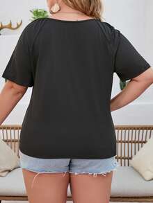 Plus Contrast Guipure Lace Tie Front Tee - الأسود - مشاهدة 2