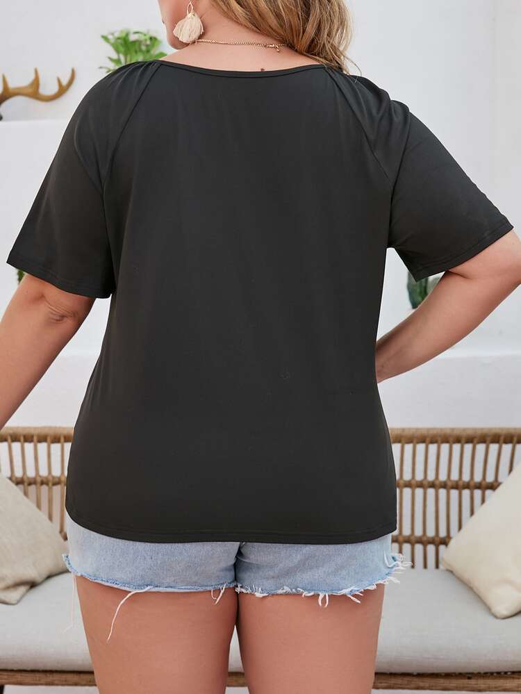 Plus Contrast Guipure Lace Tie Front Tee - Black - View 2