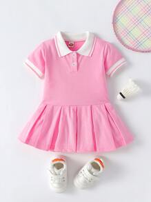 嬰兒條紋飾邊Polo領褶皺連衣裙