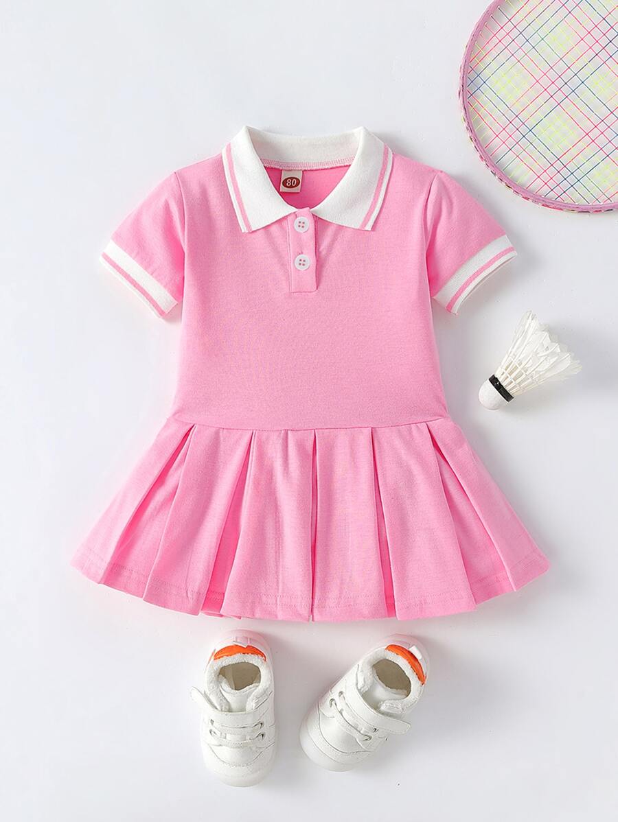 嬰兒條紋飾邊Polo領褶皺連衣裙