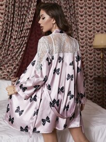 3pcs Bow Print Contrast Eyelash Lace Belted Satin PJ Set - Dusty Pink - View 2