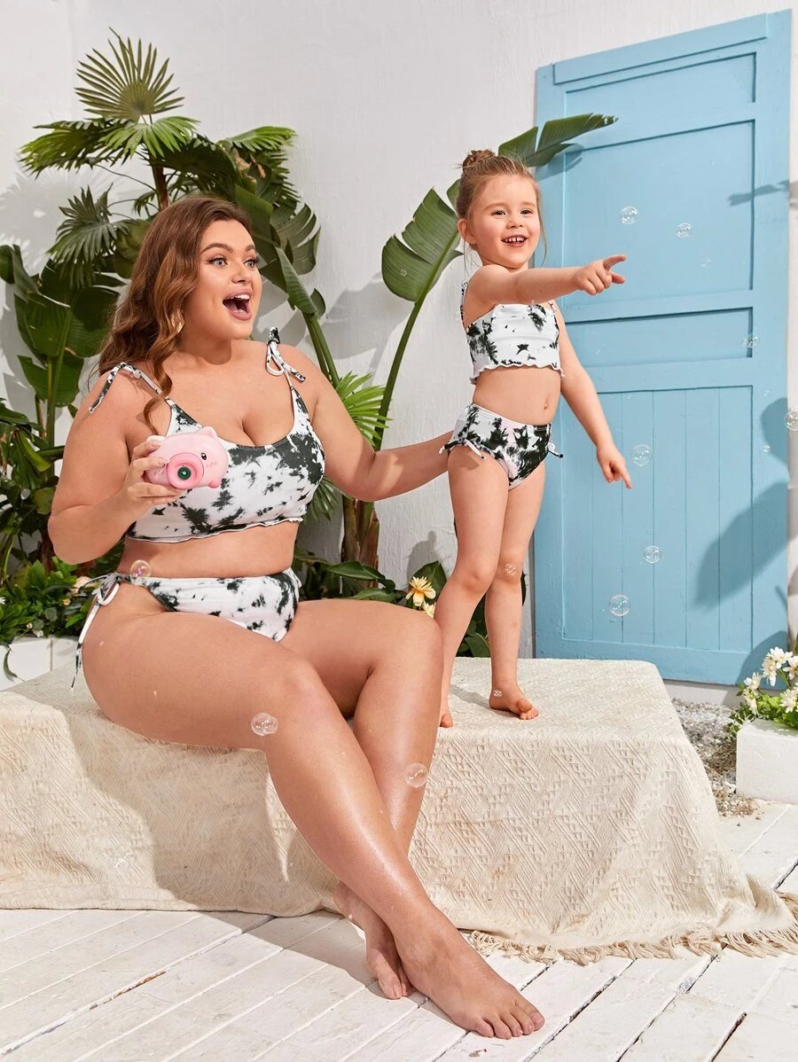 Plus Size 1 Bộ Dây Buộc Xà Lách Viền Bộ Bikini Đi Biển Mùa Hè - Nhiều màu - Xem 1