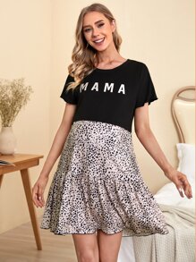 SHEIN Maternity Letter & Dalmatian Print Ruffle Hem Nursing Nightdress - Multicolor - View 1