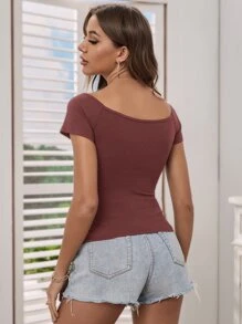 SHEIN Privé Áo thun nữ Cắt ra màu trơn Giải trí - Màu Đỏ Sâu - Xem 2