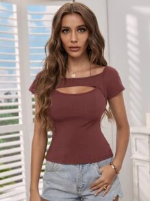 SHEIN Privé Áo thun nữ Cắt ra màu trơn Giải trí - Màu Đỏ Sâu - Xem 3