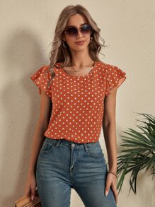 SHEIN LUNE Polka Dot Butterfly Sleeve Blouse - Burnt Orange - View 3