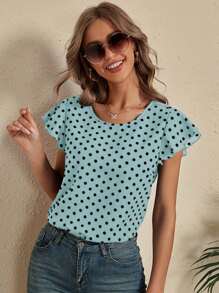 SHEIN LUNE Polka Dot Butterfly Sleeve Blouse - Mint Blue - View 1