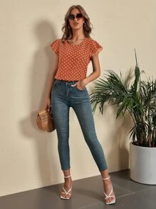 SHEIN LUNE Polka Dot Butterfly Sleeve Blouse - Burnt Orange - View 4