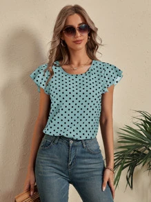 SHEIN LUNE Polka Dot Butterfly Sleeve Blouse - Mint Blue - View 3