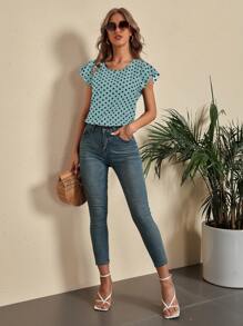 SHEIN LUNE Polka Dot Butterfly Sleeve Blouse - Mint Blue - View 4