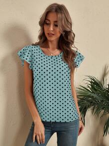 SHEIN LUNE Polka Dot Butterfly Sleeve Blouse - Mint Blue - View 5