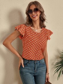 SHEIN LUNE Polka Dot Butterfly Sleeve Blouse - Burnt Orange - View 6